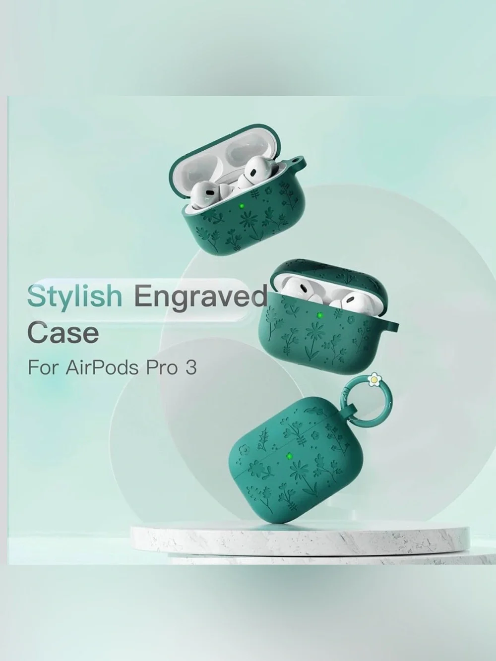 Floral Silicone AirPods Pro 2 Case Green with Keychain & Cleaning Pen
